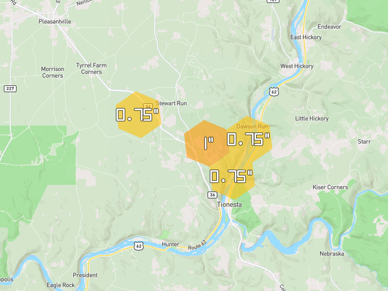 Hail map of Pleasantville, PA on Jul 3, 2026, hail up to 1"
