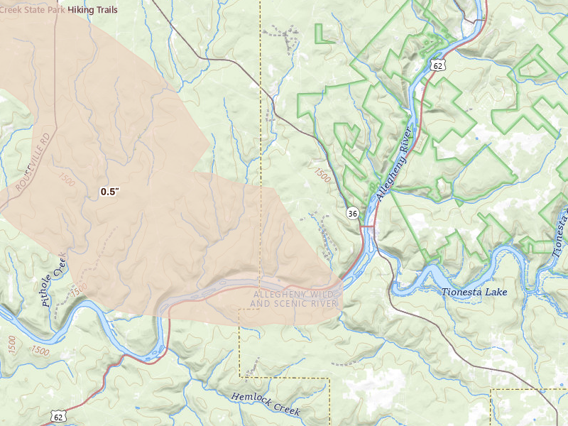 Radar-estimated hail-size map of the storm over Pleasantville, PA on Jul 21, 2026