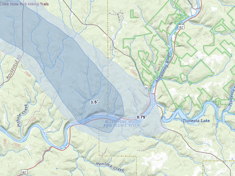 NEXRAD radar-signature map of the hail over Pleasantville, PA