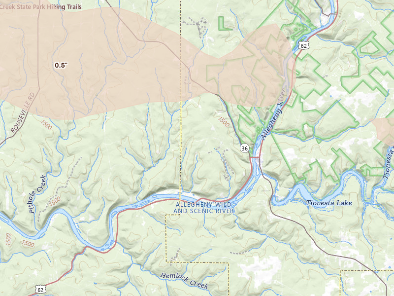 Radar-estimated hail-size map of the storm over Pleasantville, PA on Sep 1, 2026