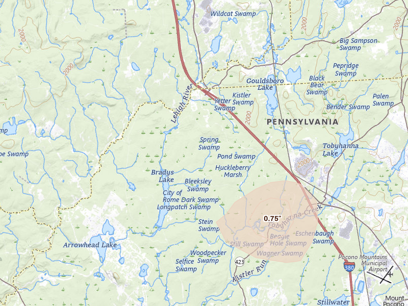 Radar-estimated hail-size map of the storm over Pocono Lake, PA on Jul 3, 2026