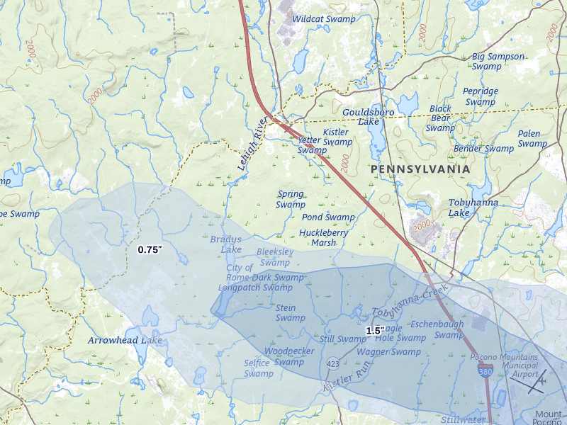 NEXRAD radar-signature map of the hail storm over Pocono Lake, PA on Jul 3, 2026