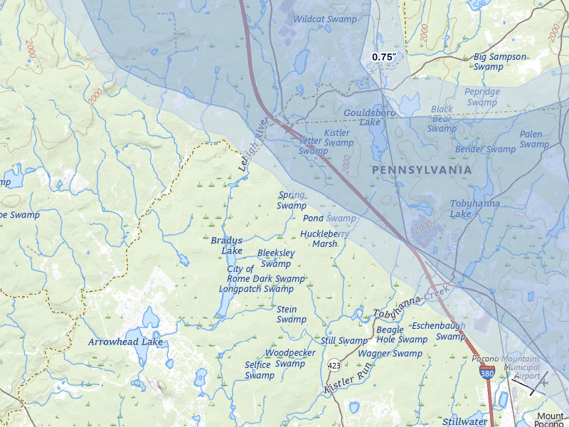 NEXRAD radar-signature map of the hail over Pocono Lake, PA