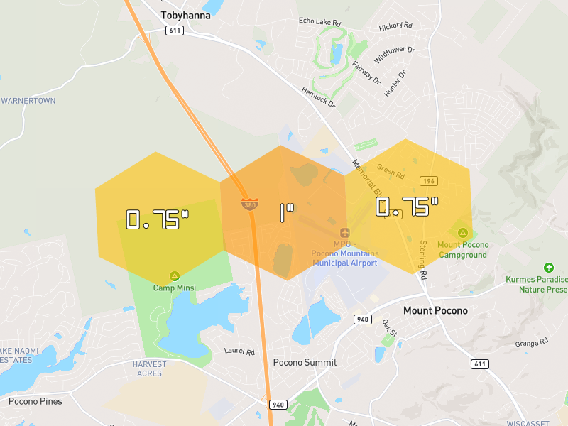 Hail map of Pocono Summit, PA on Jul 3, 2026, hail up to 1"
