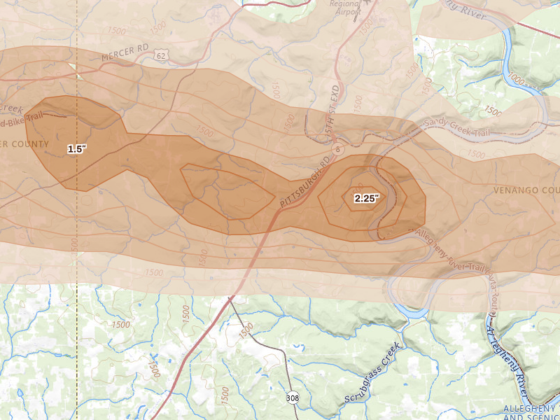 Radar-estimated hail-size map of the storm over Polk, PA