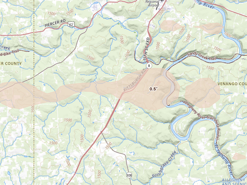 Radar-estimated hail-size map of the storm over Polk, PA on Jul 3, 2026