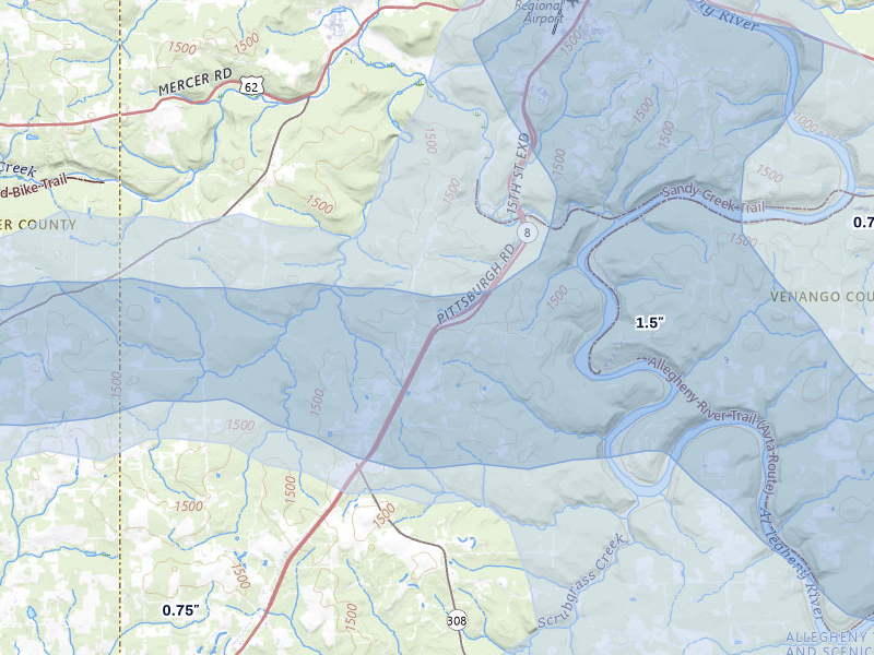 NEXRAD radar-signature map of the hail storm over Polk, PA on Jul 3, 2026