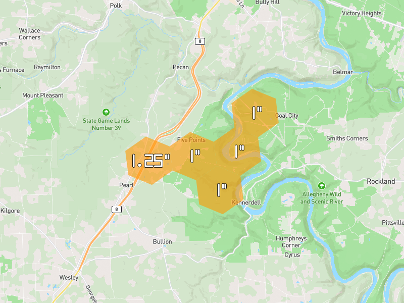 Hail map of Polk, PA on Jul 4, 2026, hail up to 1.25"