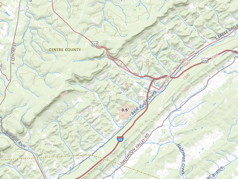 Radar-estimated hail-size map of the storm over Port Matilda, PA on Jul 18, 2026