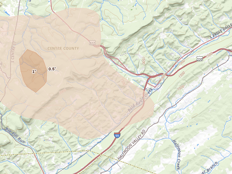 Radar-estimated hail-size map of the storm over Port Matilda, PA on Sep 2, 2026