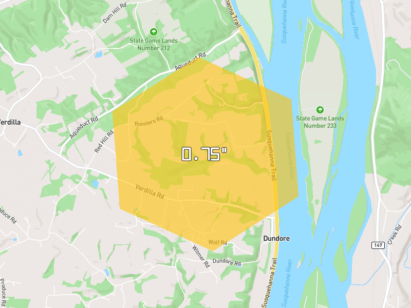 Hail map of Port Trevorton, PA on Jun 6, 2026, hail up to 0.75"