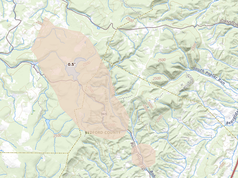 Radar-estimated hail-size map of the storm over Portage, PA on Sep 2, 2026