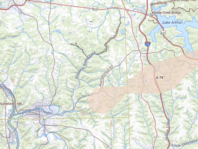 Radar-estimated hail-size map of the storm over Portersville, PA on Mar 7, 2026