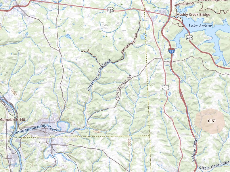 Radar-estimated hail-size map of the storm over Portersville, PA on Mar 22, 2026