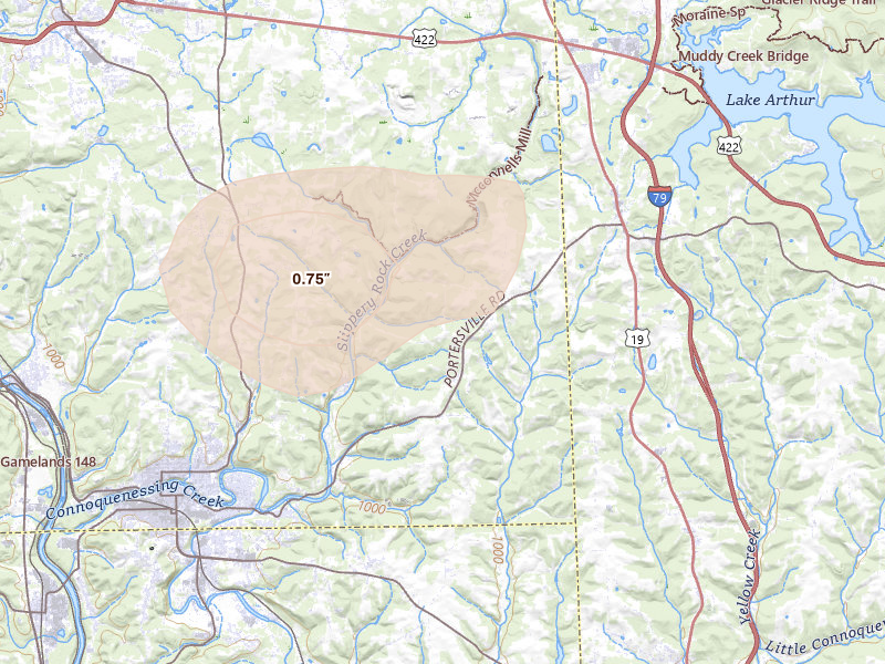 Radar-estimated hail-size map of the storm over Portersville, PA on Jul 4, 2026