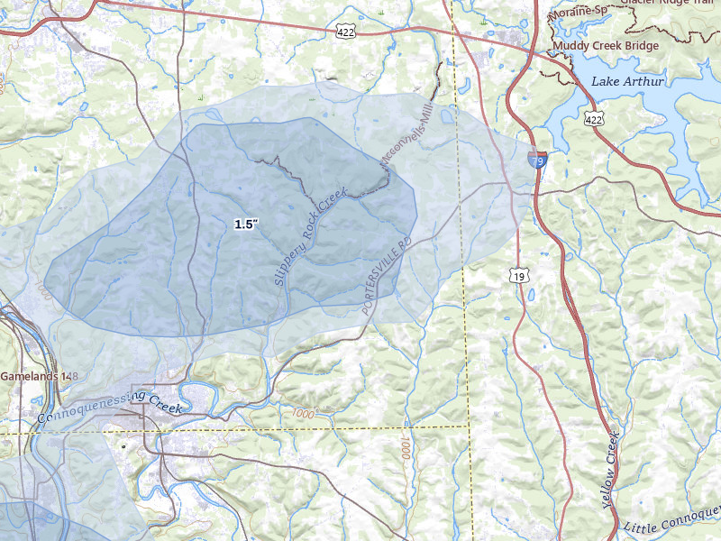 NEXRAD radar-signature map of the hail over Portersville, PA
