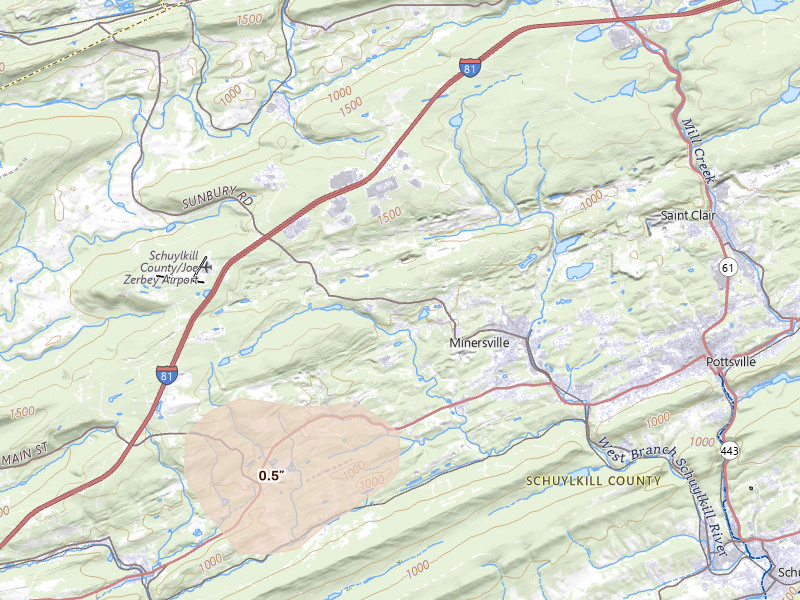Radar-estimated hail-size map of the storm over Pottsville, PA on May 20, 2026
