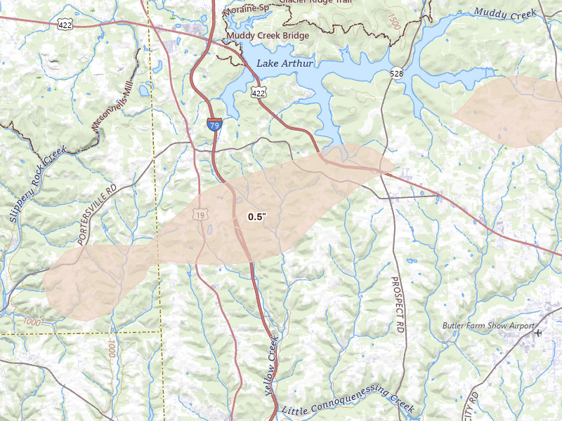 Radar-estimated hail-size map of the storm over Prospect, PA on Mar 7, 2026