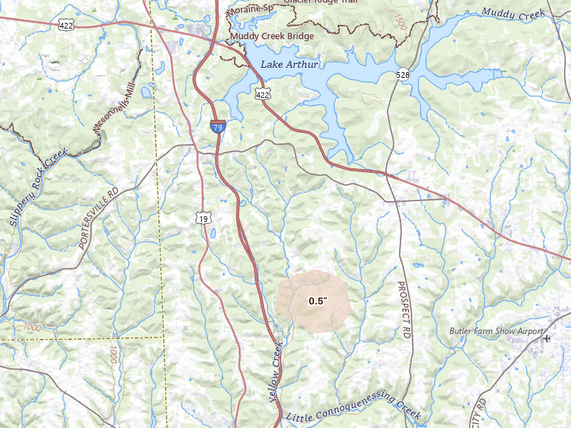 Radar-estimated hail-size map of the storm over Prospect, PA on Mar 22, 2026