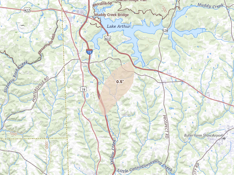 Radar-estimated hail-size map of the storm over Prospect, PA on Aug 22, 2026