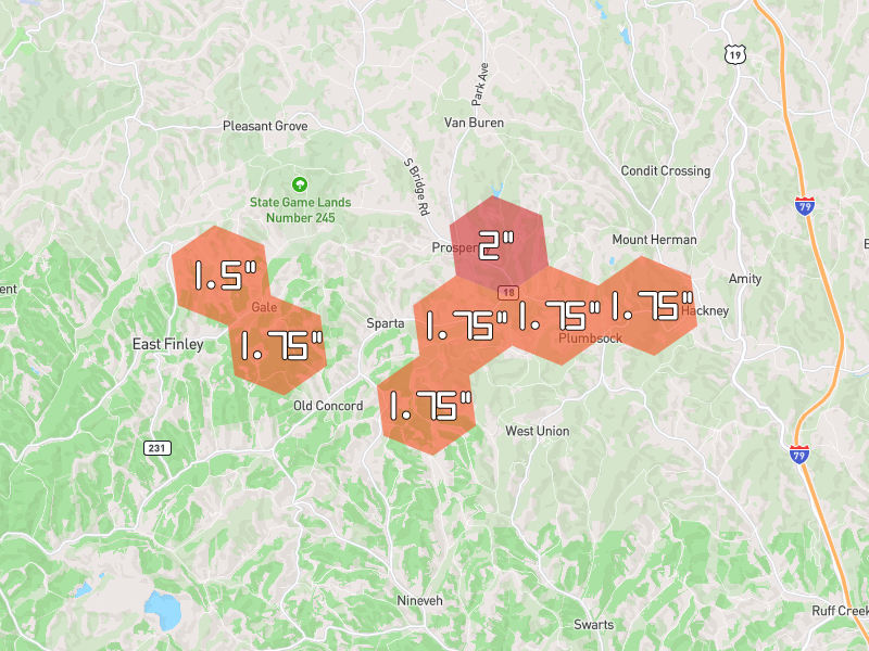 Hail map of Prosperity, PA on Jun 6, 2026, hail up to 2"