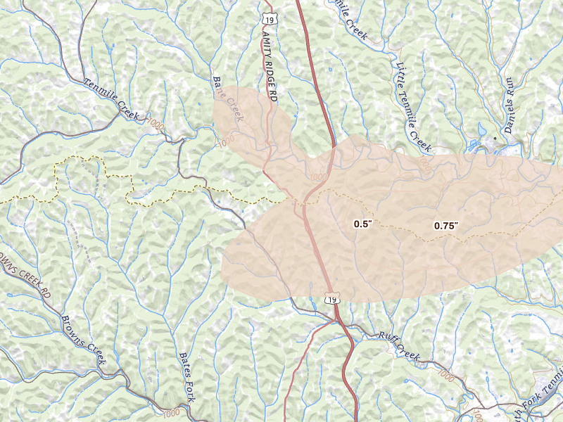 Radar-estimated hail-size map of the storm over Prosperity, PA on Aug 8, 2026