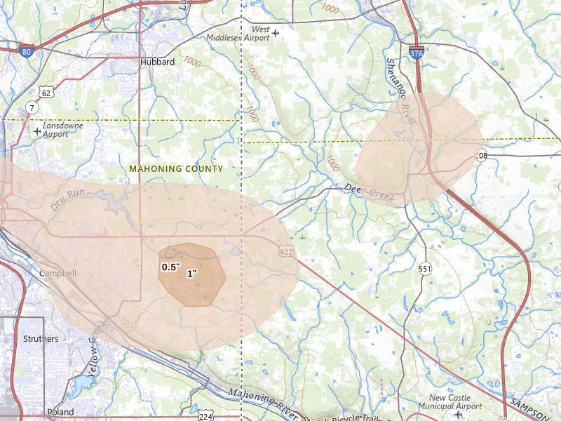 Radar-estimated hail-size map of the storm over Pulaski, PA on Jul 3, 2026