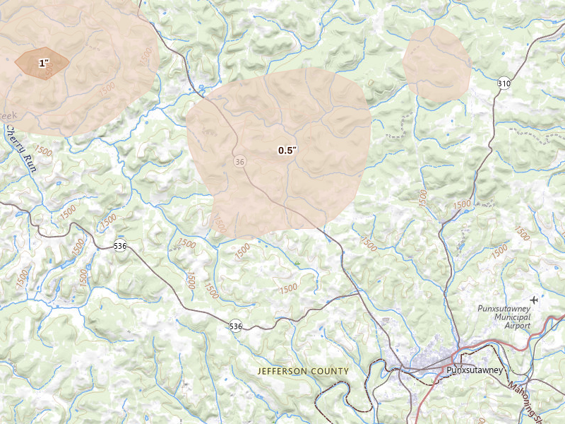 Radar-estimated hail-size map of the storm over Punxsutawney, PA on Jul 3, 2026