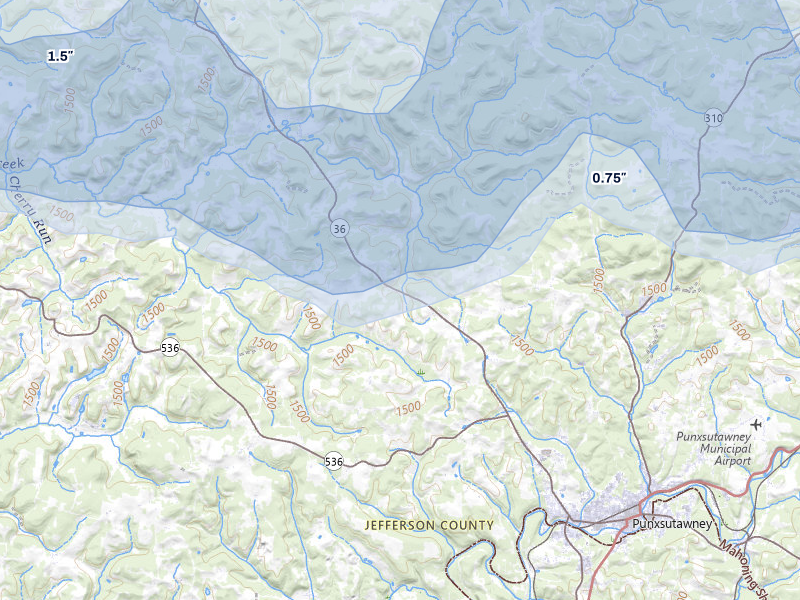 NEXRAD radar-signature map of the hail storm over Punxsutawney, PA on Jul 3, 2026