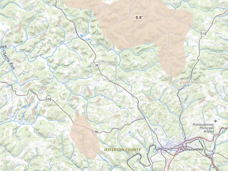 Radar-estimated hail-size map of the storm over Punxsutawney, PA on Jul 18, 2026
