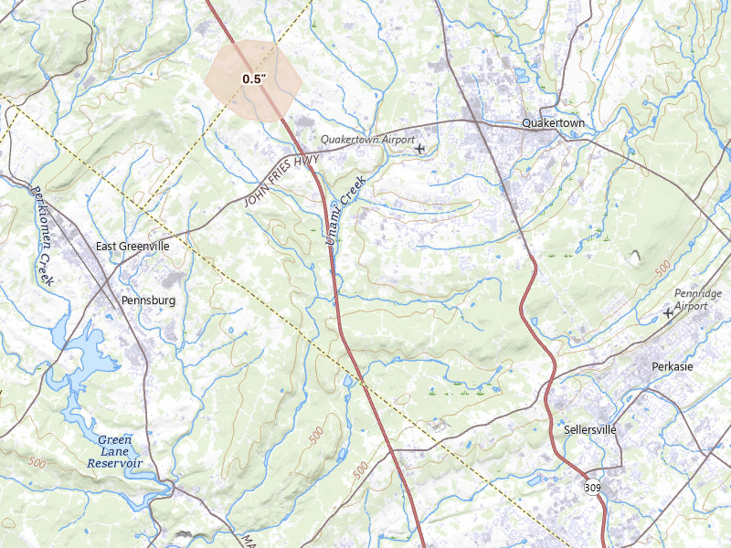Radar-estimated hail-size map of the storm over Quakertown, PA on Jul 21, 2026