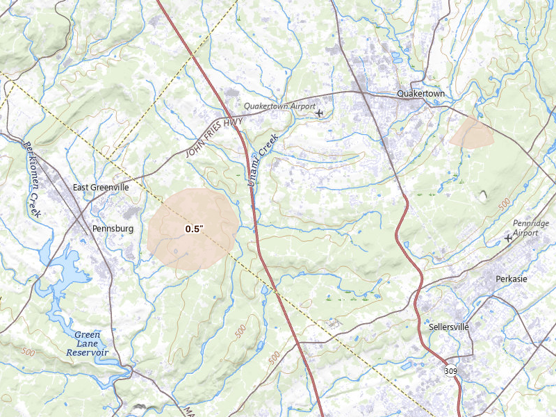 Radar-estimated hail-size map of the storm over Quakertown, PA on Jul 28, 2026