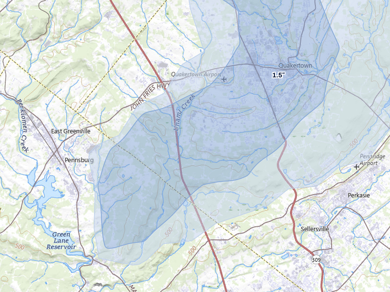 NEXRAD radar-signature map of the hail storm over Quakertown, PA on Jul 28, 2026