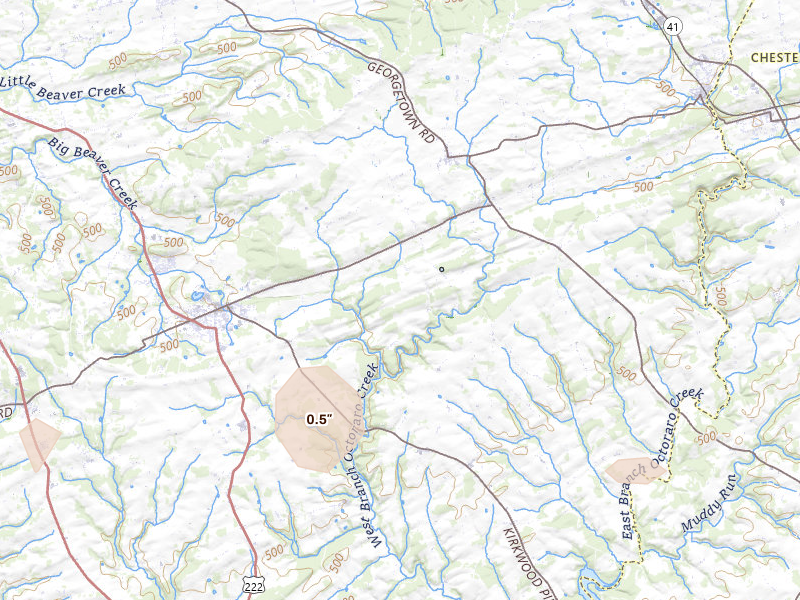 Radar-estimated hail-size map of the storm over Quarryville, PA on Jul 21, 2026