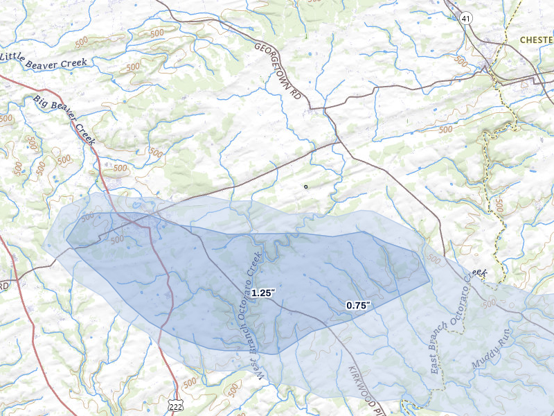 NEXRAD radar-signature map of the hail over Quarryville, PA