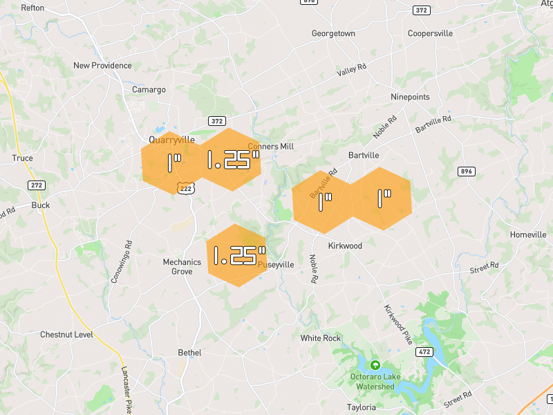 Hail map of Quarryville, PA on Jul 21, 2026, hail up to 1.25"