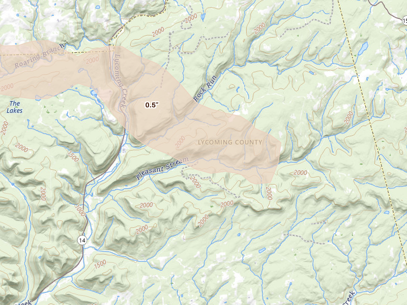 Radar-estimated hail-size map of the storm over Ralston, PA on Jun 6, 2026