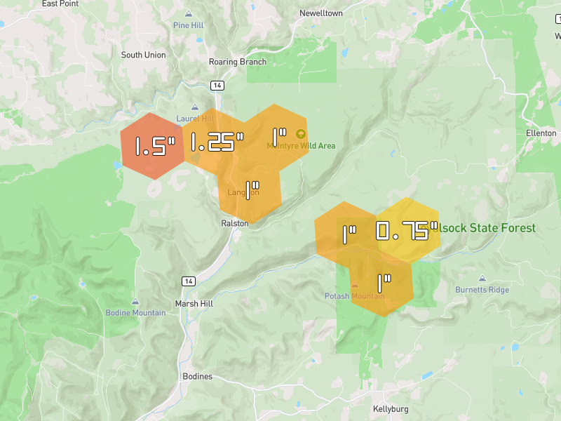 Hail map of Ralston, PA on Jun 6, 2026, hail up to 1.5"