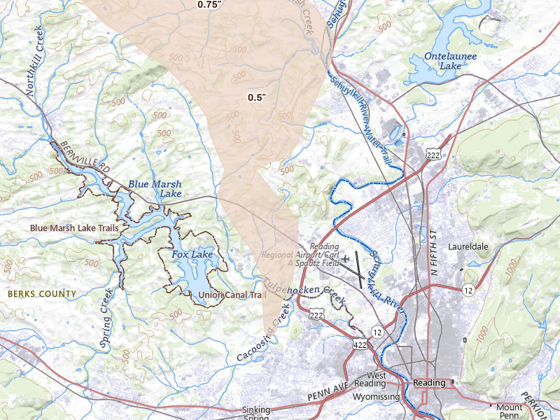 Radar-estimated hail-size map of the storm over Reading, PA on Sep 1, 2026