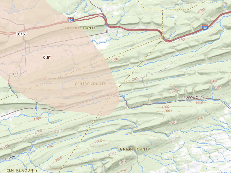 Radar-estimated hail-size map of the storm over Rebersburg, PA on Sep 2, 2026