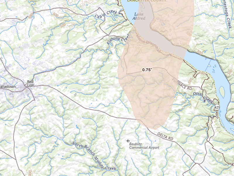 Radar-estimated hail-size map of the storm over Red Lion, PA on Jul 5, 2026