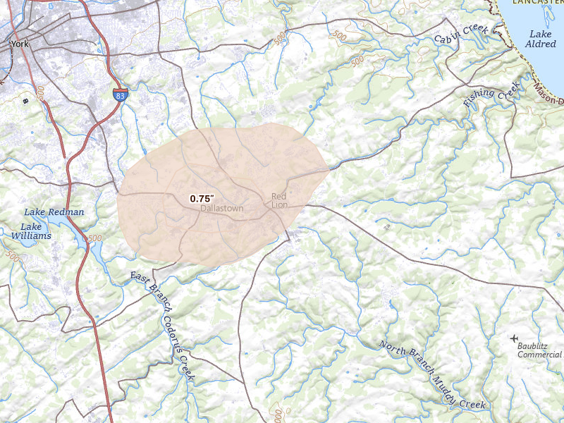 Radar-estimated hail-size map of the storm over Red Lion, PA on Aug 7, 2026