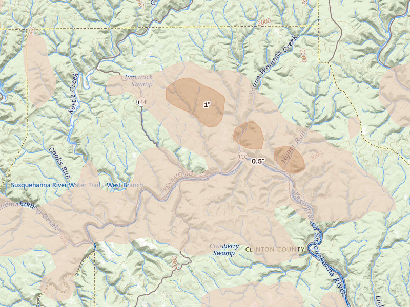 Radar-estimated hail-size map of the storm over Renovo, PA on Sep 2, 2026