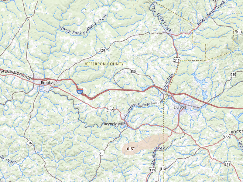 Radar-estimated hail-size map of the storm over Reynoldsville, PA on Jun 14, 2026