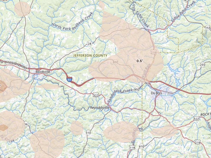Radar-estimated hail-size map of the storm over Reynoldsville, PA on Jul 3, 2026