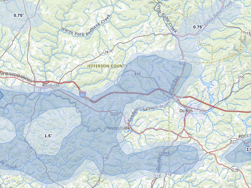NEXRAD radar-signature map of the hail storm over Reynoldsville, PA on Jul 3, 2026