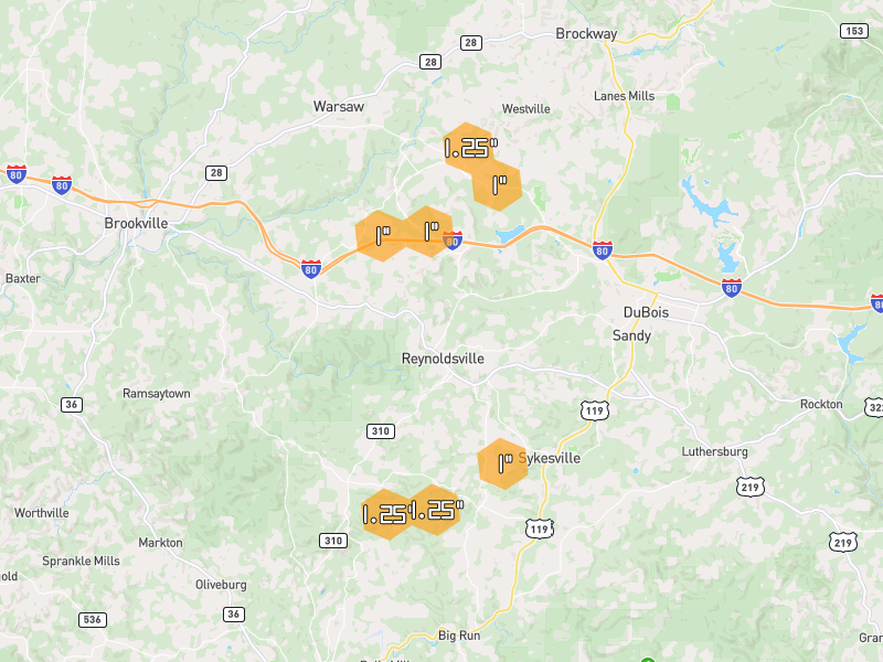 Hail map of Reynoldsville, PA on Jul 4, 2026, hail up to 1.25"
