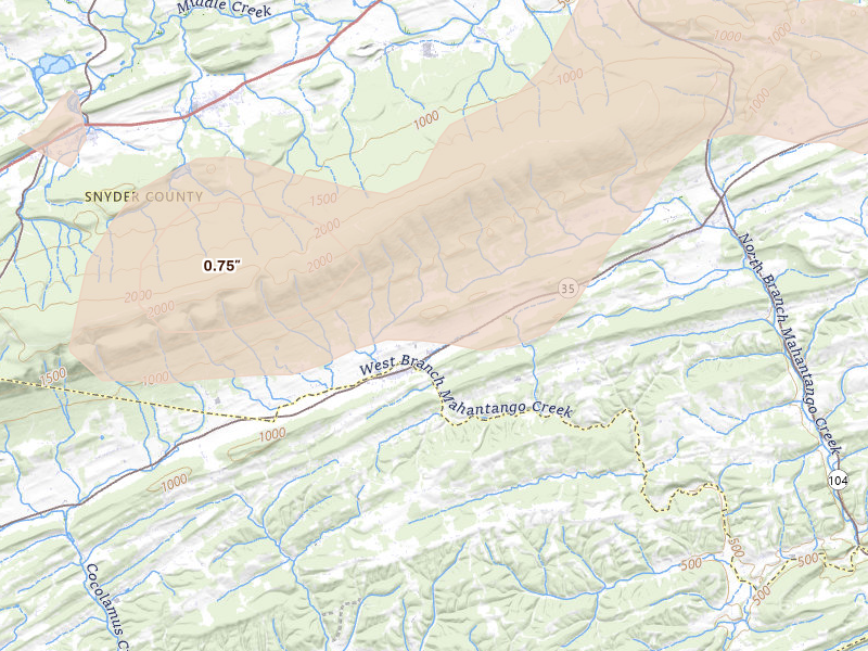 Radar-estimated hail-size map of the storm over Richfield, PA on Jul 4, 2026