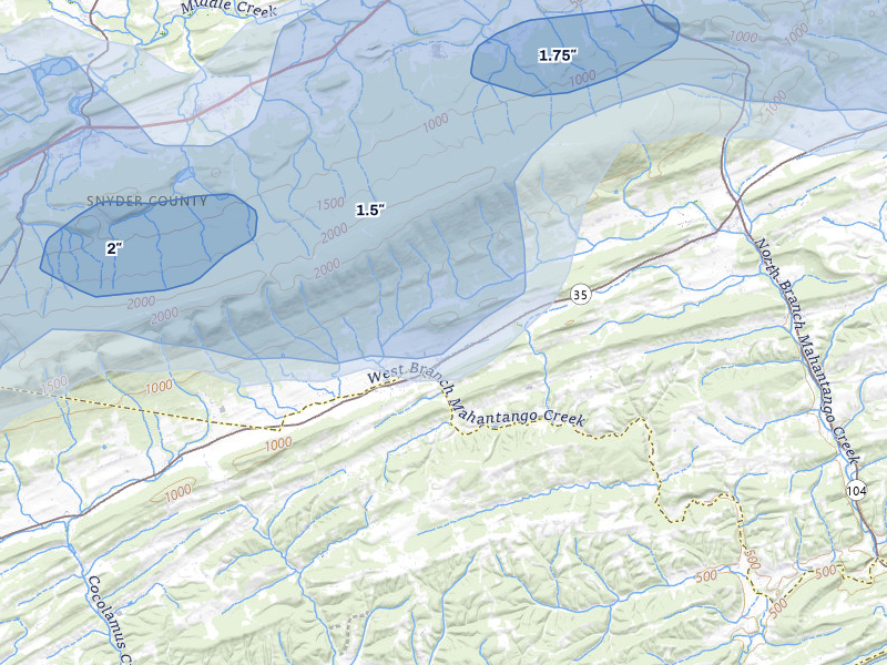 NEXRAD radar-signature map of the hail over Richfield, PA