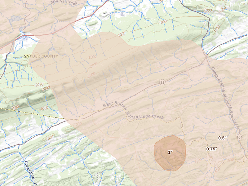 Radar-estimated hail-size map of the storm over Richfield, PA on Sep 2, 2026